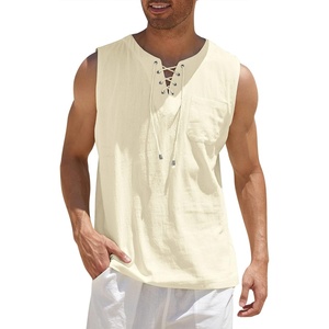 image:imageCOOFANDY Mens Cotton Linen Tank Top Shirts Casual Sleeveless Lace Up Beach Hippie Tops Bohemian Renaissance Pirate TunicCream