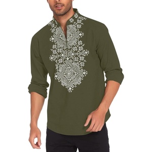 image:imageCOOFANDY Mens Henley Shirt Vyshyvanka Long Sleeve African Print Shirts Casual Zip Up Cotton Linen Beach Hippie ShirtArmy Green