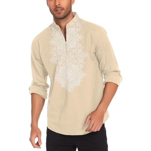 image:imageCOOFANDY Mens Henley Shirt Vyshyvanka Long Sleeve African Print Shirts Casual Zip Up Cotton Linen Beach Hippie ShirtBeige