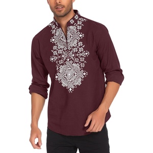 image:imageCOOFANDY Mens Henley Shirt Vyshyvanka Long Sleeve African Print Shirts Casual Zip Up Cotton Linen Beach Hippie ShirtDark Red