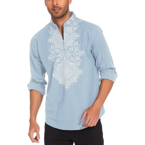 image:imageCOOFANDY Mens Henley Shirt Vyshyvanka Long Sleeve African Print Shirts Casual Zip Up Cotton Linen Beach Hippie ShirtLight Blue