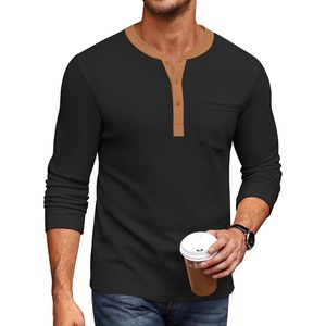 image:imageCOOFANDY Mens Henley Shirts Long Sleeve Basic Waffle Pique Pullover TShirt with PocketPat Black  Light Brown