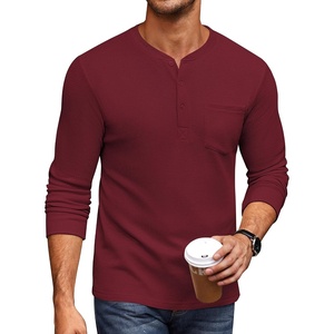 image:imageCOOFANDY Mens Henley Shirts Long Sleeve Basic Waffle Pique Pullover TShirt with PocketWine Red