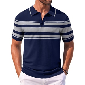 image:imageCOOFANDY Mens Knit Polo Shirts Casual Short Sleeve Button Down Shirts Crochet Classic Golf Polo Collared ShirtsBlue With Gray Stripes