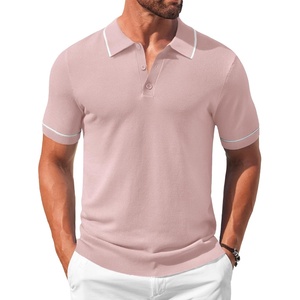 image:imageCOOFANDY Mens Knit Polo Shirts Casual Short Sleeve Button Down Shirts Crochet Classic Golf Polo Collared ShirtsBright Pink