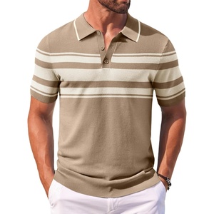 image:imageCOOFANDY Mens Knit Polo Shirts Casual Short Sleeve Button Down Shirts Crochet Classic Golf Polo Collared ShirtsKhaki With White Stripes