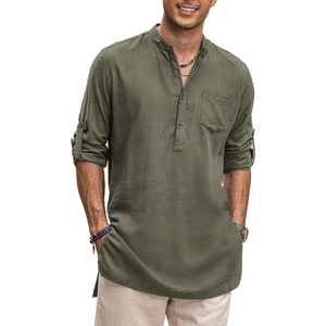image:imageCOOFANDY Mens Linen Henley Shirts Long Sleeve Collarless TShirts Longline Kurta Beach Shirts with PocketArmy Green