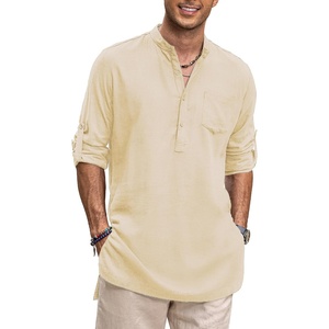 image:imageCOOFANDY Mens Linen Henley Shirts Long Sleeve Collarless TShirts Longline Kurta Beach Shirts with PocketBeige