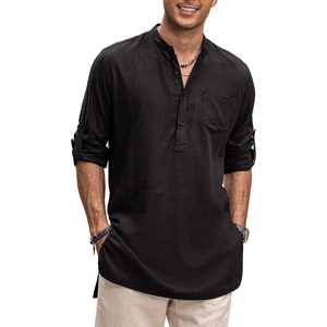 image:imageCOOFANDY Mens Linen Henley Shirts Long Sleeve Collarless TShirts Longline Kurta Beach Shirts with PocketBlack