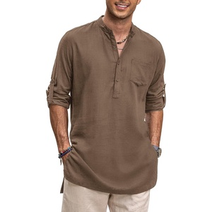 image:imageCOOFANDY Mens Linen Henley Shirts Long Sleeve Collarless TShirts Longline Kurta Beach Shirts with PocketBrown