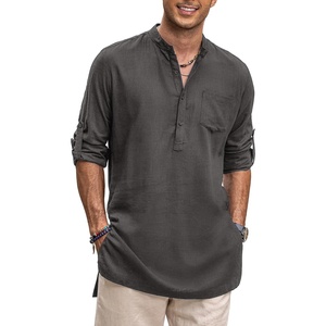 image:imageCOOFANDY Mens Linen Henley Shirts Long Sleeve Collarless TShirts Longline Kurta Beach Shirts with PocketDark Grey