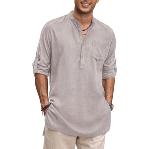 image:imageCOOFANDY Mens Linen Henley Shirts Long Sleeve Collarless TShirts Longline Kurta Beach Shirts with PocketGrey