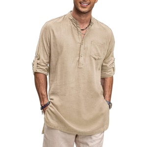 image:imageCOOFANDY Mens Linen Henley Shirts Long Sleeve Collarless TShirts Longline Kurta Beach Shirts with PocketKhaki