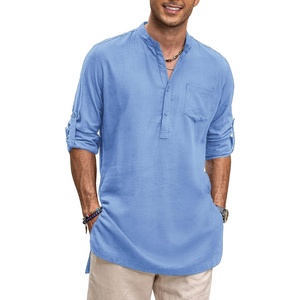 image:imageCOOFANDY Mens Linen Henley Shirts Long Sleeve Collarless TShirts Longline Kurta Beach Shirts with PocketLight Blue