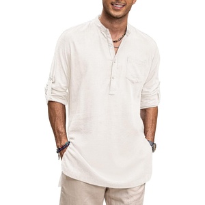 image:imageCOOFANDY Mens Linen Henley Shirts Long Sleeve Collarless TShirts Longline Kurta Beach Shirts with PocketWhite
