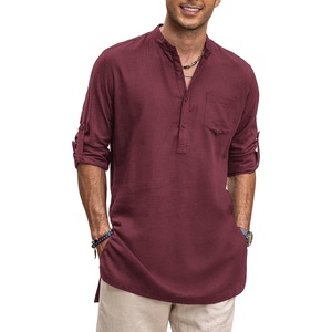 image:imageCOOFANDY Mens Linen Henley Shirts Long Sleeve Collarless TShirts Longline Kurta Beach Shirts with PocketWine Red