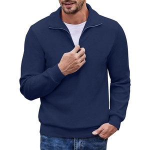 image:imageCOOFANDY Mens Quarter Zip Up Pullover Mock Neck Long Sleeve Sweater Casual Corduroy Polo SweatshirtDeep Blue