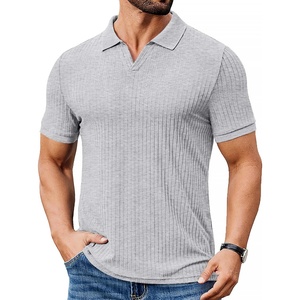 image:imageCOOFANDY Mens Ribbed Polo Shirts Short Sleeve V Neck Slim Fit Polo TShirt Casual Summer Collared Golf ShirtLight Grey