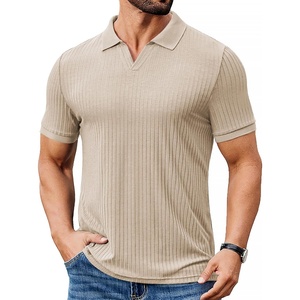 image:imageCOOFANDY Mens Ribbed Polo Shirts Short Sleeve V Neck Slim Fit Polo TShirt Casual Summer Collared Golf ShirtLight Khaki