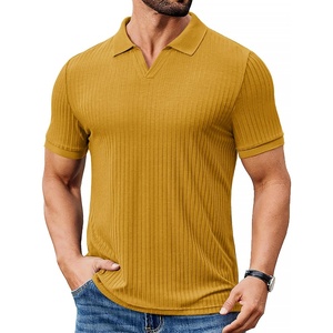 image:imageCOOFANDY Mens Ribbed Polo Shirts Short Sleeve V Neck Slim Fit Polo TShirt Casual Summer Collared Golf ShirtYellow