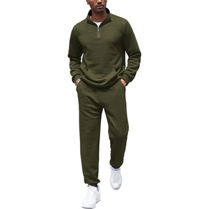 image:imageCOOFANDY Mens Tracksuit 2 Piece Quarter Zip Sweatsuit Workout Plaid Jacquard Jogging Suit SetArmy Green