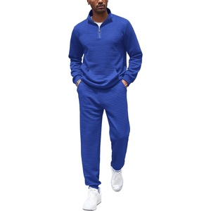 image:imageCOOFANDY Mens Tracksuit 2 Piece Quarter Zip Sweatsuit Workout Plaid Jacquard Jogging Suit SetBlue