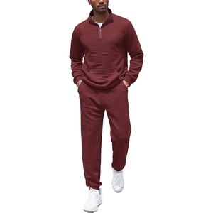 image:imageCOOFANDY Mens Tracksuit 2 Piece Quarter Zip Sweatsuit Workout Plaid Jacquard Jogging Suit SetDark Red