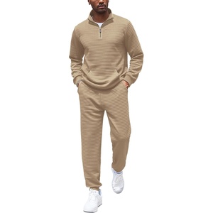 image:imageCOOFANDY Mens Tracksuit 2 Piece Quarter Zip Sweatsuit Workout Plaid Jacquard Jogging Suit SetKhaki
