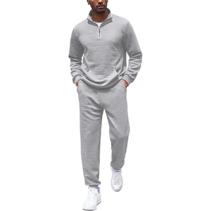 image:imageCOOFANDY Mens Tracksuit 2 Piece Quarter Zip Sweatsuit Workout Plaid Jacquard Jogging Suit SetLight Grey