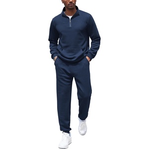 image:imageCOOFANDY Mens Tracksuit 2 Piece Quarter Zip Sweatsuit Workout Plaid Jacquard Jogging Suit SetNavy Blue