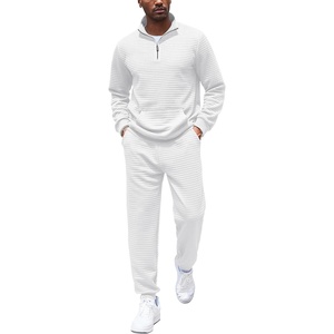 image:imageCOOFANDY Mens Tracksuit 2 Piece Quarter Zip Sweatsuit Workout Plaid Jacquard Jogging Suit SetWhite