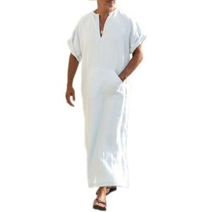 image:imageCOOFANDY Mens VNeck Linen Robe Short Sleeve Kaftan Thobe Long Gown Casual Shirt for Beach Summer01white