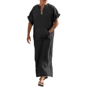 image:imageCOOFANDY Mens VNeck Linen Robe Short Sleeve Kaftan Thobe Long Gown Casual Shirt for Beach SummerBlack