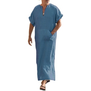 image:imageCOOFANDY Mens VNeck Linen Robe Short Sleeve Kaftan Thobe Long Gown Casual Shirt for Beach SummerBlue