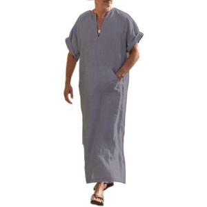 image:imageCOOFANDY Mens VNeck Linen Robe Short Sleeve Kaftan Thobe Long Gown Casual Shirt for Beach SummerDark Grey