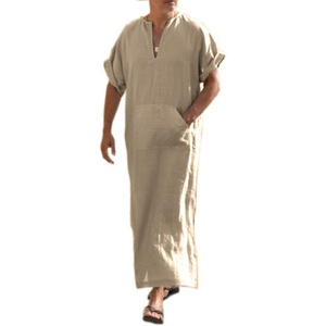 image:imageCOOFANDY Mens VNeck Linen Robe Short Sleeve Kaftan Thobe Long Gown Casual Shirt for Beach SummerKhaki