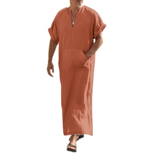 image:imageCOOFANDY Mens VNeck Linen Robe Short Sleeve Kaftan Thobe Long Gown Casual Shirt for Beach SummerLight Brown