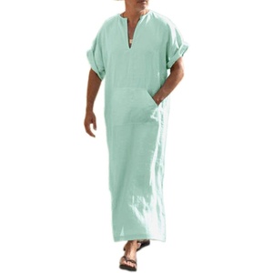 image:imageCOOFANDY Mens VNeck Linen Robe Short Sleeve Kaftan Thobe Long Gown Casual Shirt for Beach SummerMint Green