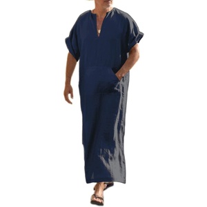 image:imageCOOFANDY Mens VNeck Linen Robe Short Sleeve Kaftan Thobe Long Gown Casual Shirt for Beach SummerNavy Blue