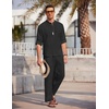 image:imageCOOFANDY Mens 2 Piece Cotton Linen Set Casual Beach Outfits Long Sleeve  Linen set with Pockets Summer Yoga Outfits Lightweight Breathable and Soft touch Long Sleeve Henley shirt with Sleeve TabBlack