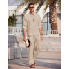 image:imageCOOFANDY Mens 2 Piece Cotton Linen Set Casual Beach Outfits Long Sleeve  Linen set with Pockets Summer Yoga Outfits Lightweight Breathable and Soft touch Long Sleeve Henley shirt with Sleeve TabLight Khaki