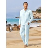 image:imageCOOFANDY Mens 2 Piece Cotton Linen Set Casual Beach Outfits Long Sleeve  Linen set with Pockets Summer Yoga Outfits Lightweight Breathable and Soft touch Long Sleeve Henley shirt with Sleeve TabLight Blue