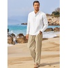 image:imageCOOFANDY Mens 2 Piece Cotton Linen Set Casual Beach Outfits Long Sleeve  Linen set with Pockets Summer Yoga Outfits Lightweight Breathable and Soft touch Long Sleeve Henley shirt with Sleeve TabWhite  Khaki