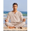 image:imageCOOFANDY Mens 2 Pieces Cotton Linen Set Henley Shirt Long Sleeve and Casual Beach Pants Summer Yoga OutfitsChampagne