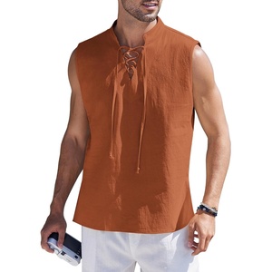 image:imageCOOFANDY Men Tank Top Cotton Linen Beach Sleeveless Shirt Lace Up Bohemian Hippie Renaissance Pirate Kilt Medieval TunicBrick Red
