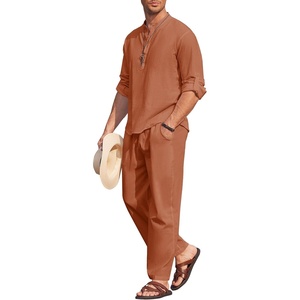 image:imageCOOFANDY Mens 2 Piece Cotton Linen Set Casual Beach Outfits Long Sleeve  Linen set with Pockets Summer Yoga Outfits Lightweight Breathable and Soft touch Long Sleeve Henley shirt with Sleeve TabLight Caramel