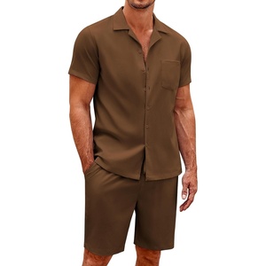 image:imageCOOFANDY Mens 2 Pieces Casual Beach Outfits Short Sleeve Button Down Shirts Summer Short SetBrown