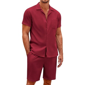 image:imageCOOFANDY Mens 2 Pieces Casual Beach Outfits Short Sleeve Button Down Shirts Summer Short SetCrimson