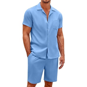 image:imageCOOFANDY Mens 2 Pieces Casual Beach Outfits Short Sleeve Button Down Shirts Summer Short SetStrong Blue
