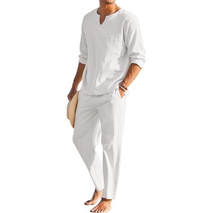 image:imageCOOFANDY Mens 2 Pieces Cotton Linen Set Henley Shirt Long Sleeve and Casual Beach Pants Summer Yoga Outfits01white